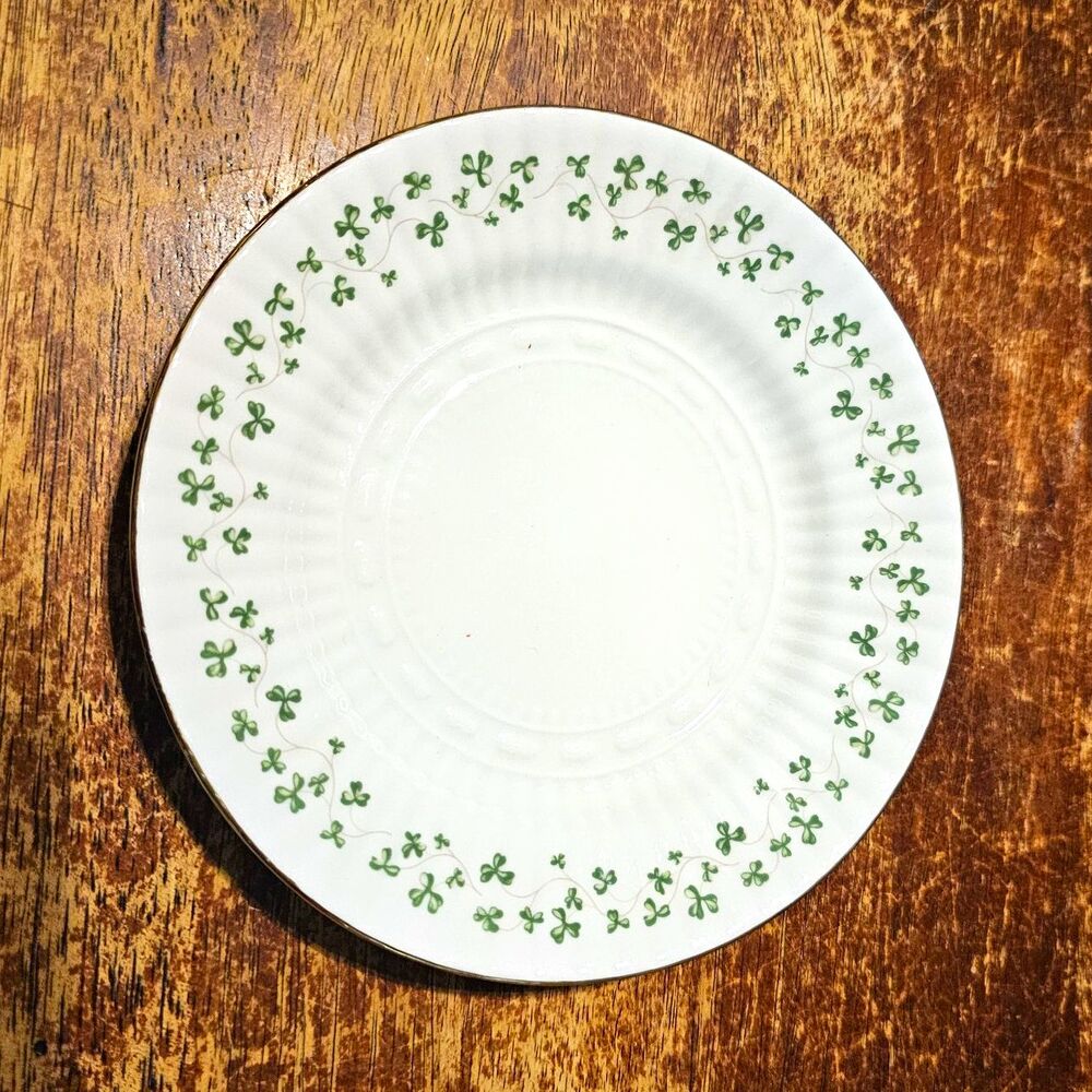 Royal Tara Shamrock Bone China Plate 6" Round White Green Handmade Ireland